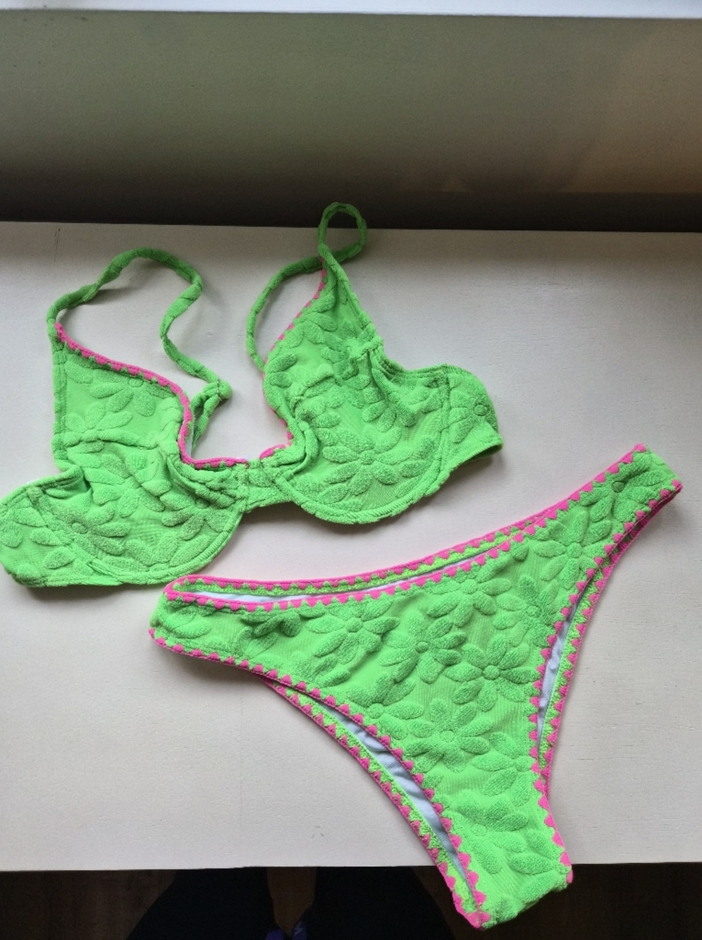 Neon Green Floral Textured Bikini Set with Pink Trim